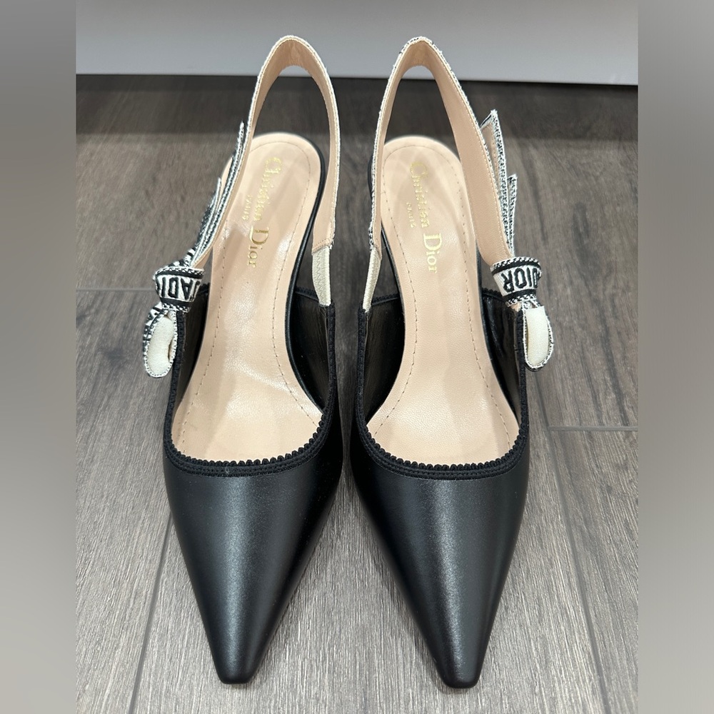 DIOR BLACK LEATHER AND RIBBON KITTEN HEEL SLINGBACKS SIZE 39.5 - Picture 7 of 14